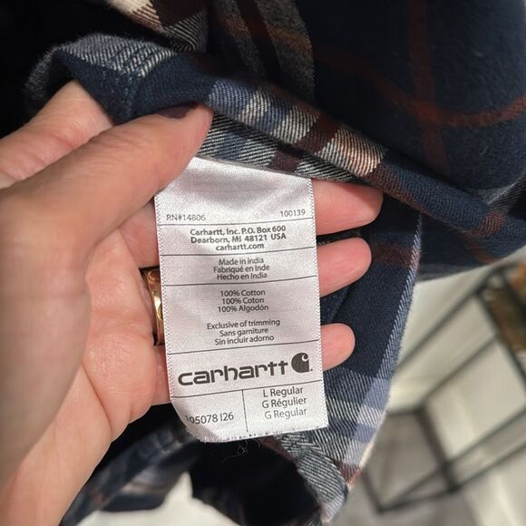 Carhartt Men’s Shirt Jacket Button Loose Fit Flannel Sherpa Plaid Blue Large - Picture 6 of 6